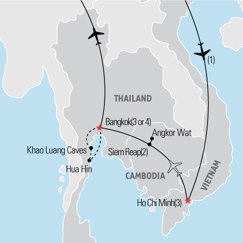 Map of Vietnam, Cambodia, & Thailand Educational Tour